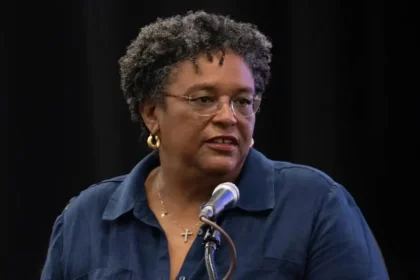 Prime Minister Mia Amor Mottley addressing the awards ceremony of the Modern School Infrastructure Design Competition at the Lloyd Erskine Sandiford Centre.