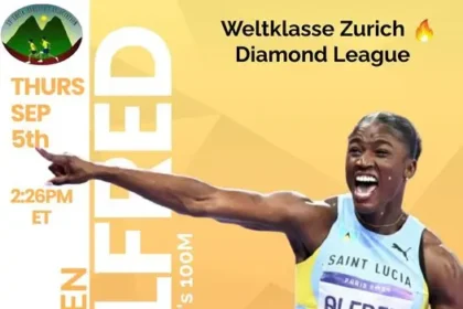 Julien Alfred preparing for the women's 100m race at the Diamond League in Zurich.