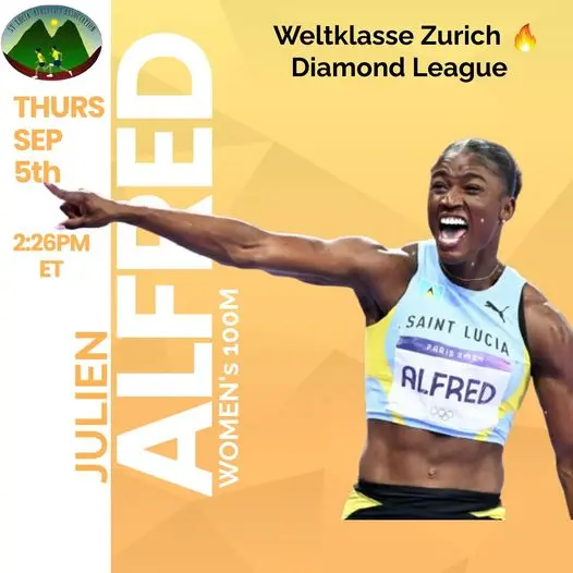 Julien Alfred preparing for the women's 100m race at the Diamond League in Zurich.