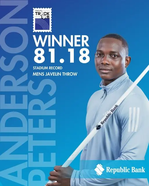 Anderson Peters celebrating his gold medal victory at the Fribourg Track Lab meeting.