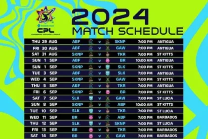 Antigua and Barbuda Falcons and Saint Lucia Kings players warming up before their CPL 2024 match.