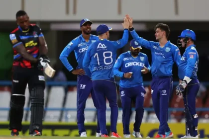 St Lucia Kings celebrate their victory over Antigua and Barbuda Falcons in CPL 2024.