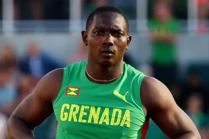 Anderson Peters celebrating his gold medal win at the Wanda Diamond League with a record throw of 85.72m.