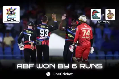 Fabian Allen celebrating after leading the Antigua and Barbuda Falcons to their first win of CPL 2024.