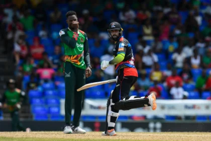 Antigua and Barbuda Falcons celebrating their victory over St. Kitts and Nevis Patriots in CPL 2024.