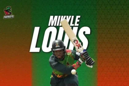 Mikyle Louis celebrating his century during the CPL 2024 match against Antigua and Barbuda Falcons.