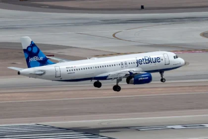JetBlue Airways A320 aircraft on the runway at JFK Airport after making an emergency landing.