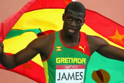 Kirani James celebrating his victory in the 400 meters at the Grand Prix Lombardia.