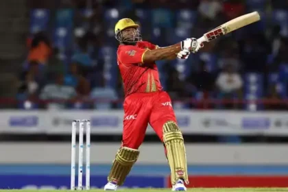 Kieron Pollard of Trinbago Knight Riders celebrates after hitting the winning runs against St. Lucia Kings.