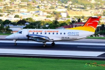 Sunrise Airways E120 aircraft taking off from St. Kitts Airport.