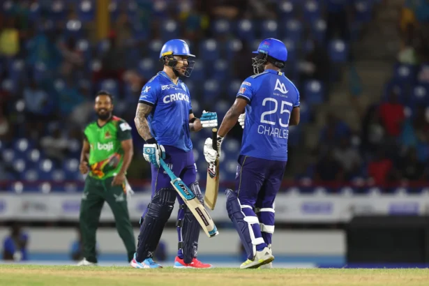 Johnson Charles celebrating after scoring 74 runs in the match against St. Kitts and Nevis Patriots.