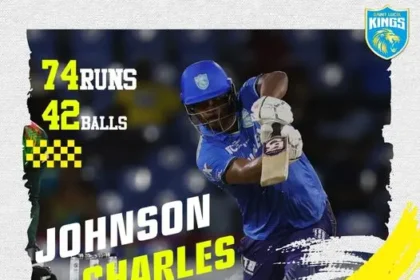 Johnson Charles celebrating after scoring 3000 runs in CPL history.