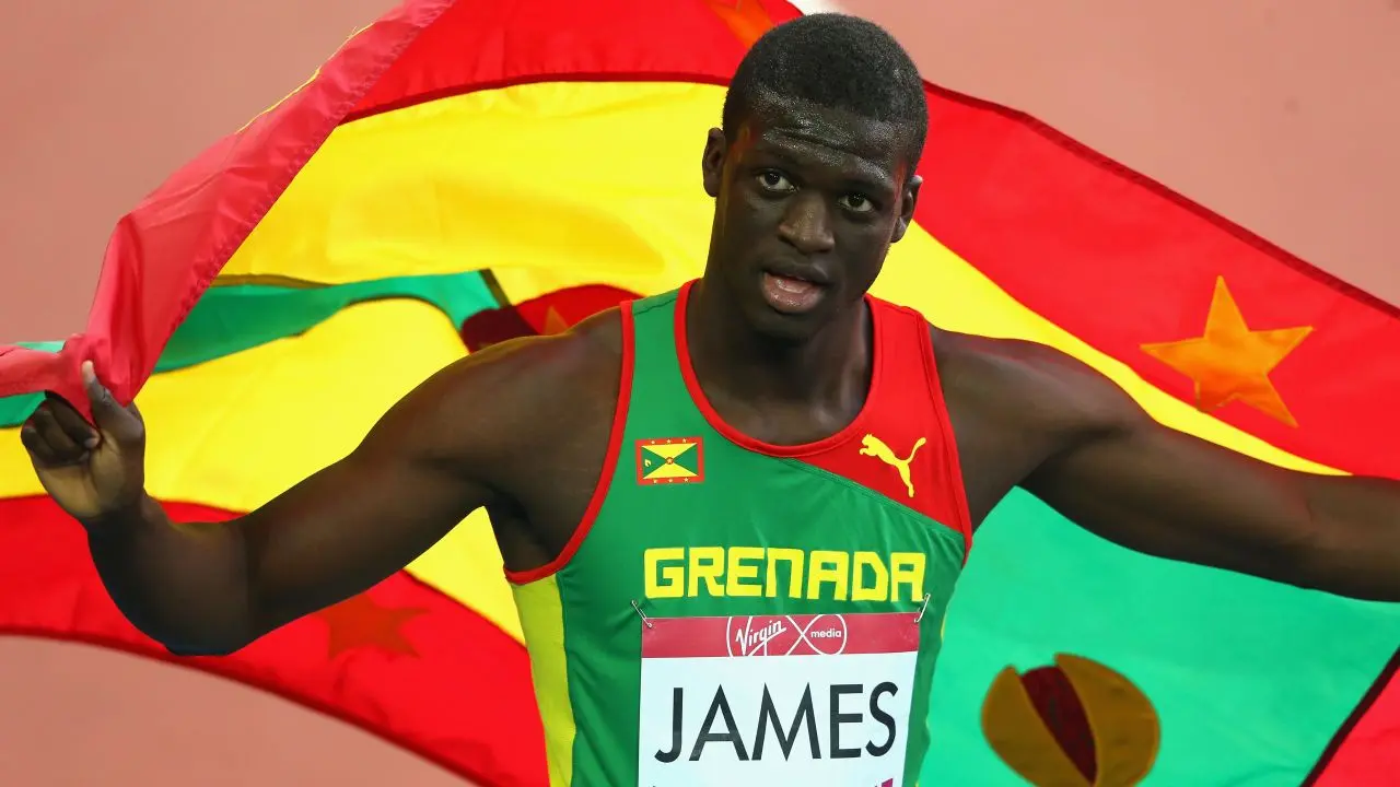 Kirani James finishing the 400m race at the Diamond League in Brussels.
