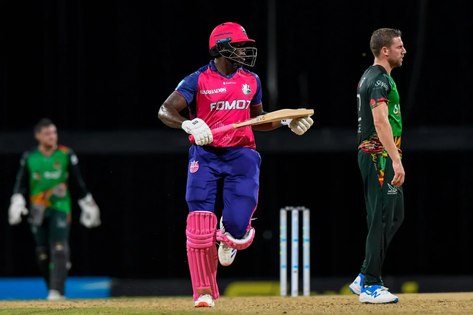 Barbados Royals celebrating their victory in the CPL 2024 match against St. Kitts & Nevis Patriots.