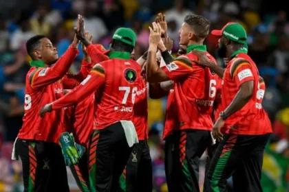 Guyana Amazon Warriors celebrate their victory over St. Kitts & Nevis Patriots in CPL 2024.
