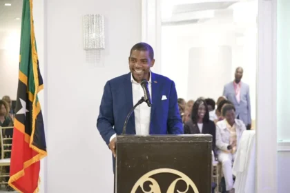Prime Minister Terrance Drew addresses St. Kitts and Nevis nationals at the Independence Diaspora Dialogue in New York.