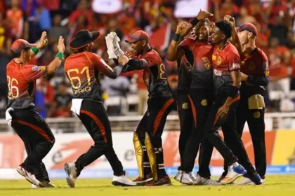 Trinbago Knight Riders celebrate their 7-wicket victory against St. Kitts and Nevis.