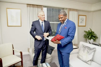Prime Minister Terrance Drew meets former UK Prime Minister Tony Blair to discuss global leadership.